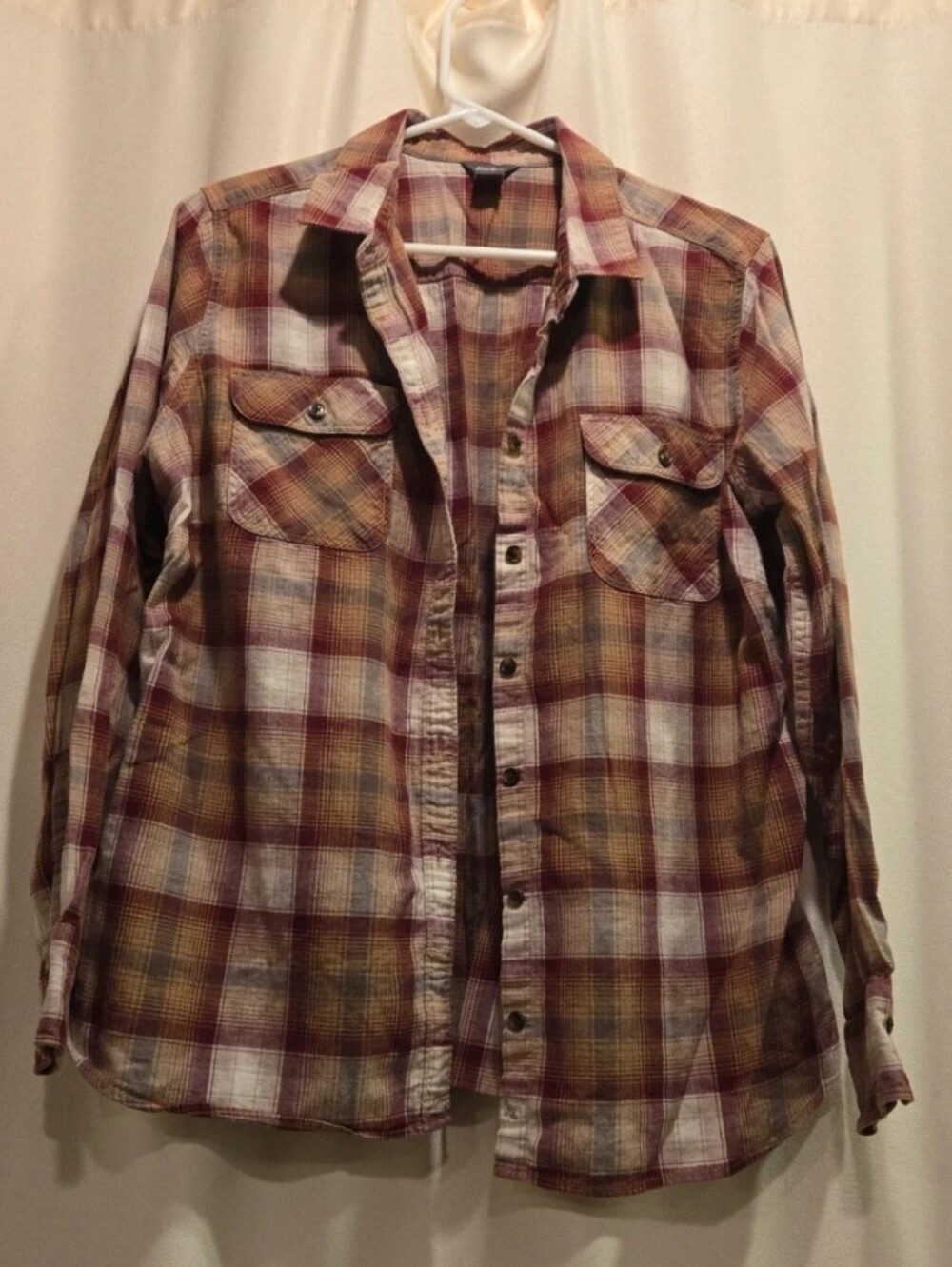 Eddie Bauer Plaid Button-Down Shirt in Burgundy and Brown Tones